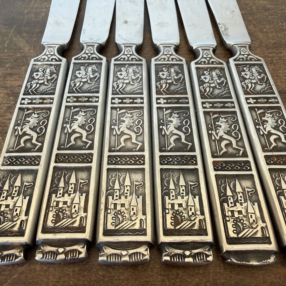 Vtg Nasco Crusader Steak Knives Set 6 Medieval Knight Lion Castle Japan MCM